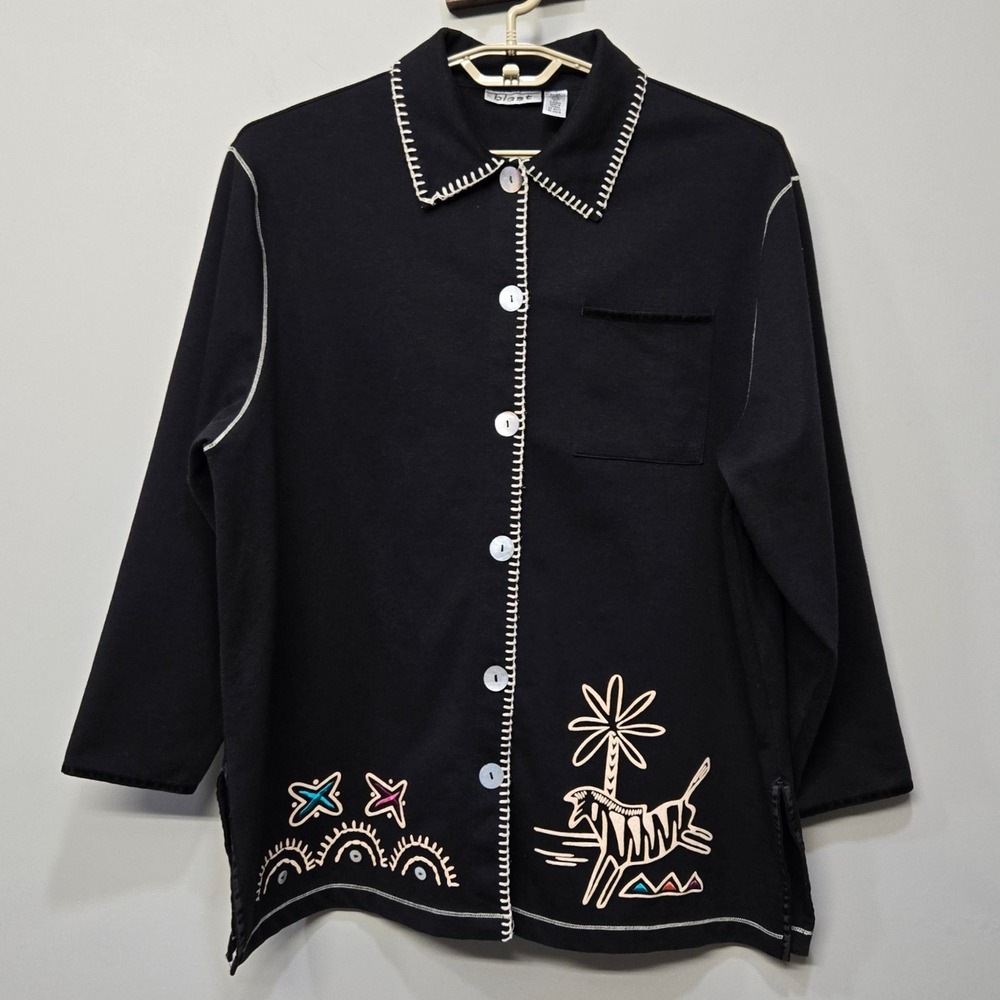 Vintage 90s Folk Art Shirt Jacket Plus Size 1X Embroidered Whimsical Puff Paint